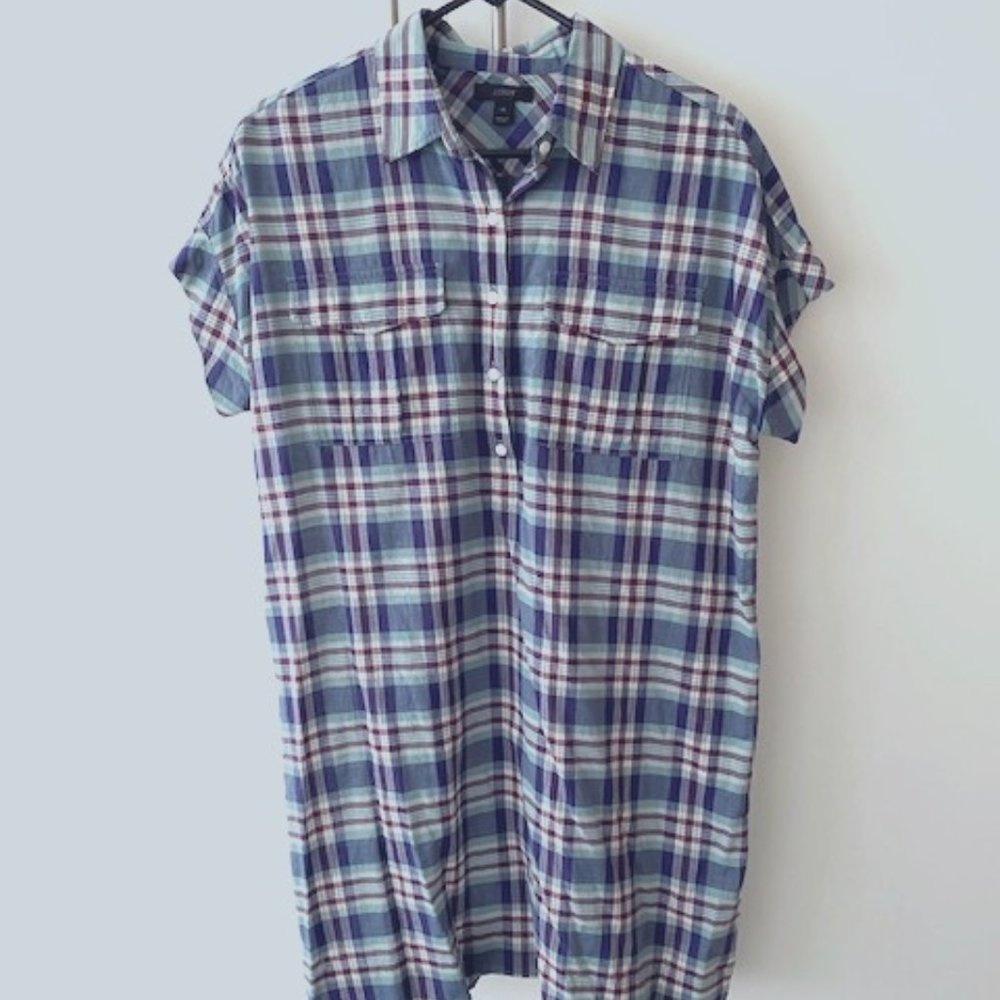 J. Crew Red & Blue Multicolor Madras Plaid Shift Shirt Dress